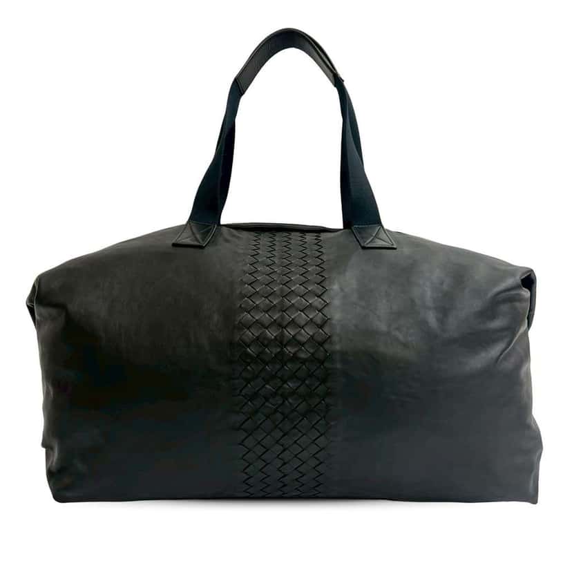 Bottega Veneta Intrecciato Trimmed Leather Duffle Bag Black Leather Good condition - Front View
