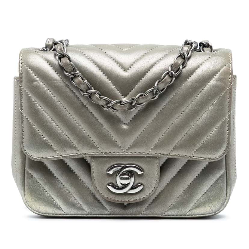Chanel Mini Square Classic Chevron Iridescent Calfskin Single Flap Silver Leather Very good condition - Front View