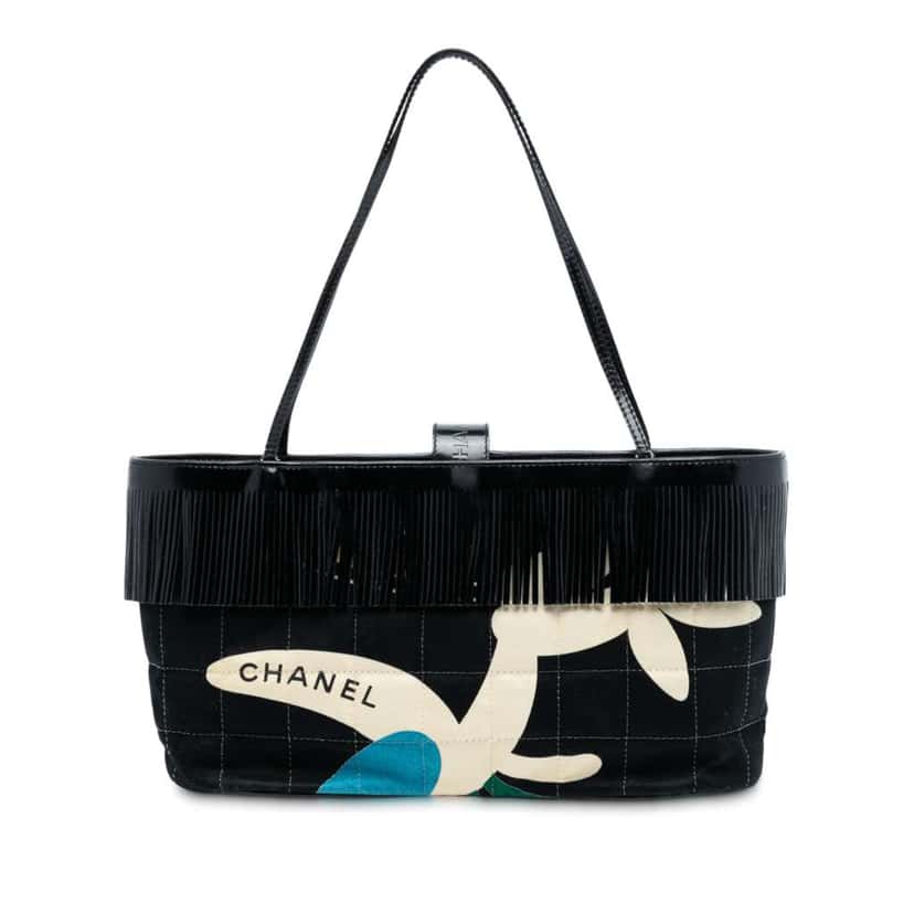 Chanel Chocolate Bar Printed Canvas Fringe Handbag Black Canvas Good condition - Front View
