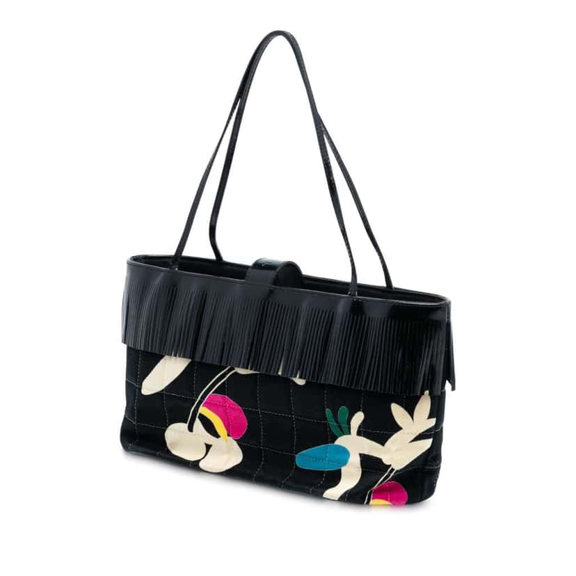 Chanel Chocolate Bar Printed Canvas Fringe Handbag Black Canvas Good condition - Back View