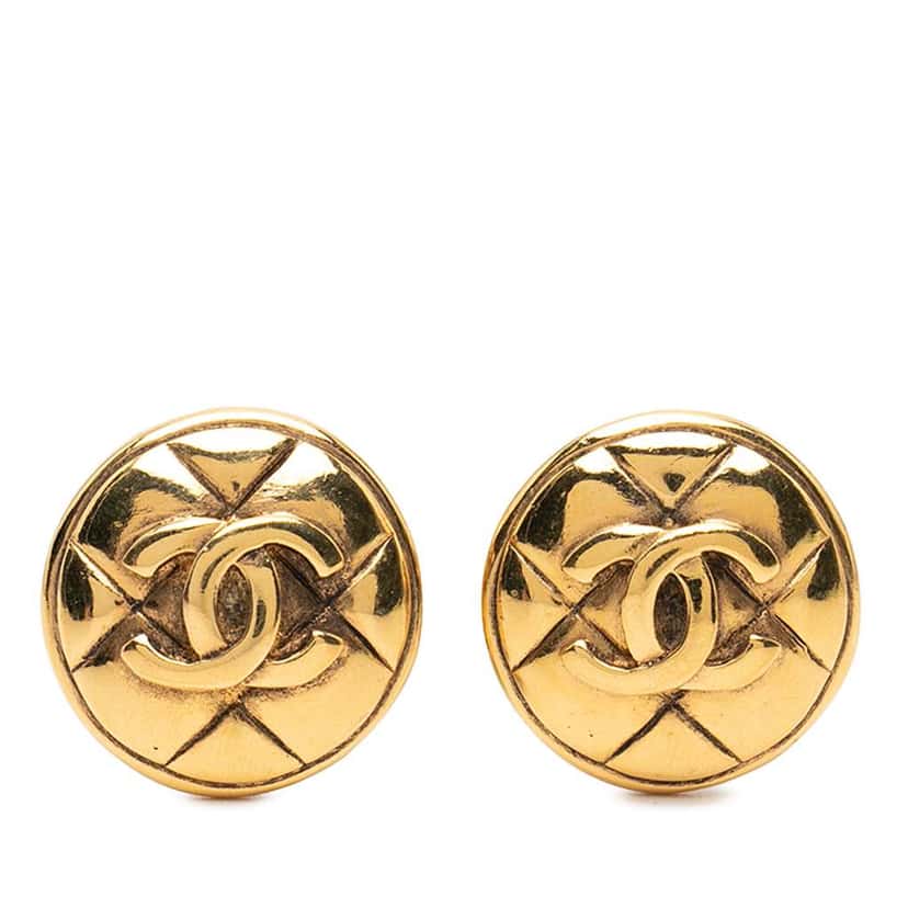 Chanel CC Gold Plated Quilted Round Clip on Earrings Gold Metal Good condition - Front View