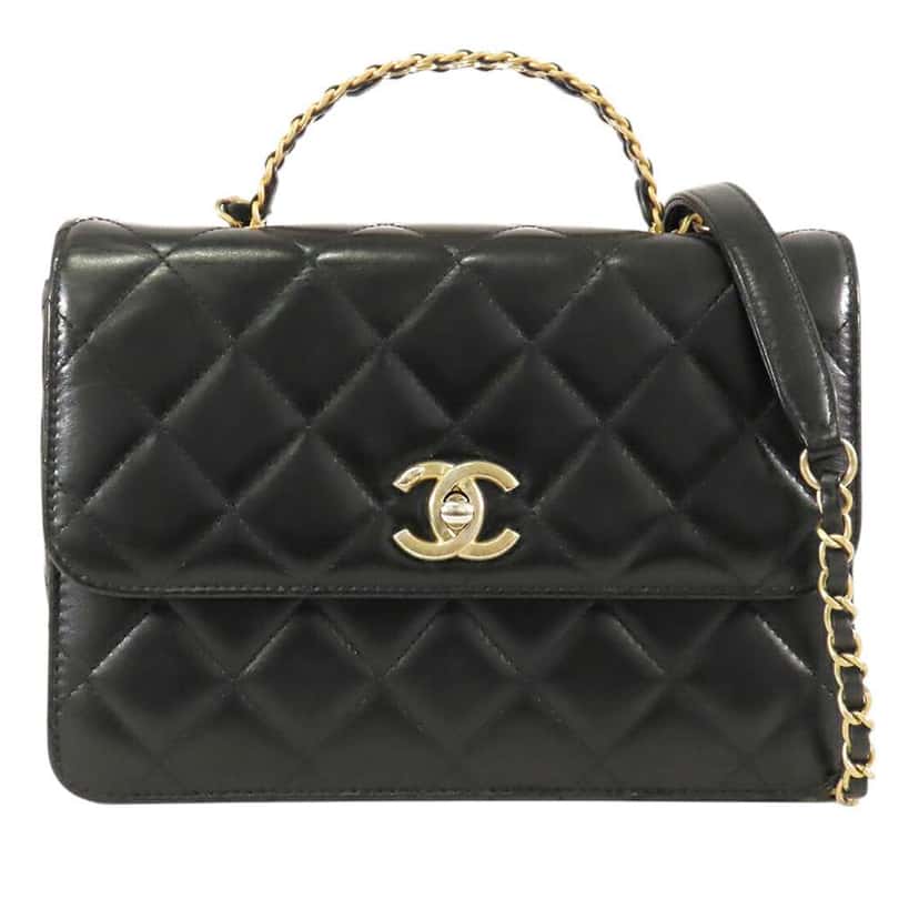 Chanel Small Quilted Shiny Calfskin Metal Chain Top Handle Bag Black Leather Good condition - Front View