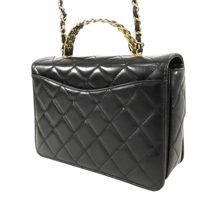 Chanel Small Quilted Shiny Calfskin Metal Chain Top Handle Bag Black Leather Good condition - Back View