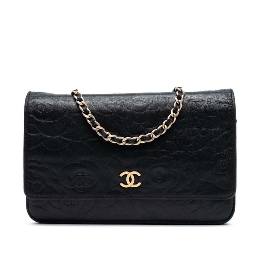 Chanel CC Embossed Lambskin Camellia Wallet On Chain Black Leather Good condition - Front View