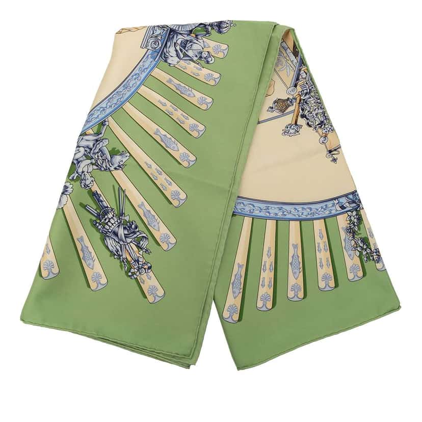 Hermès La Marine a Rames Silk Scarf 90 Green Silk Good condition - Front View