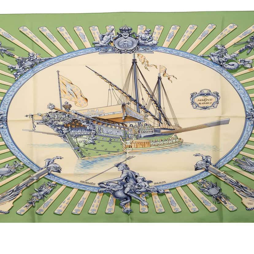 Hermès La Marine a Rames Silk Scarf 90 Green Silk Good condition - Back View