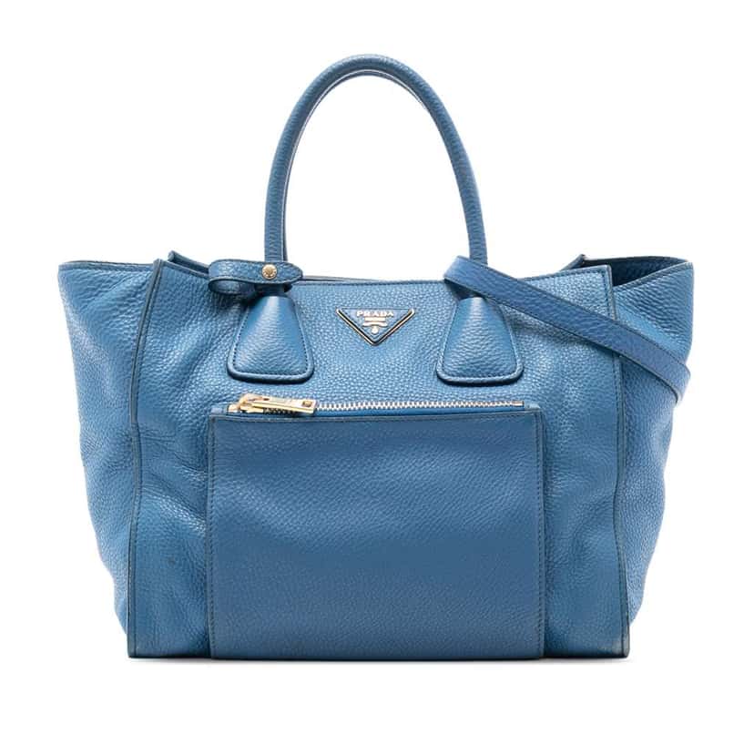 Prada Vitello Daino Front Pocket Open Convertible Tote Blue Leather Very good condition - Front View
