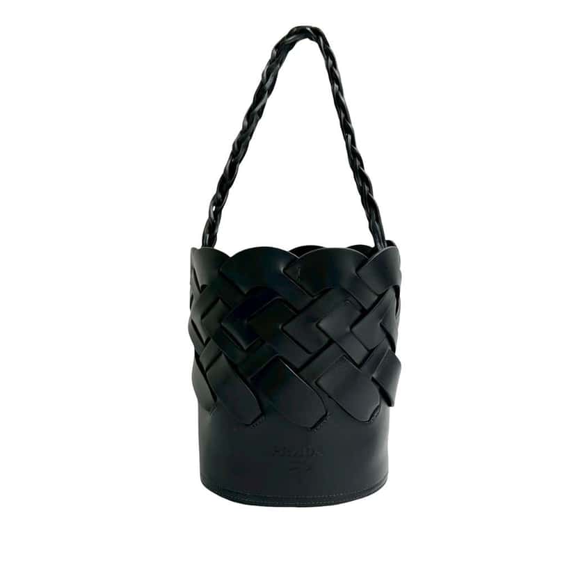 Prada Vitello Intreccio Tress Bucket Bag Black Leather Good condition - Front View