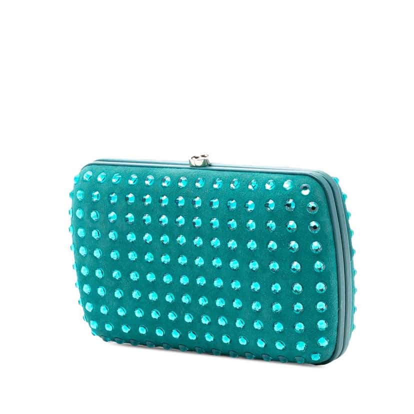 Gucci Suede Crystal Embellished Interlocking G Broadway Clutch Blue Leather Very good condition - Back View