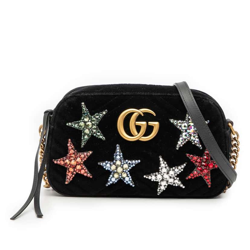 Gucci Small GG Marmont Matelasse Velvet Crystal Stars Crossbody Black Velvet Good condition - Front View