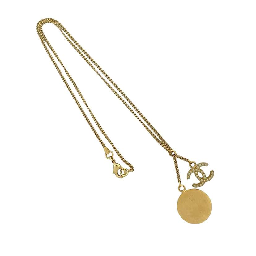 Chanel CC Gold Plated Faux Pearl Clock Pendant Necklace Gold Metal Good condition - Back View