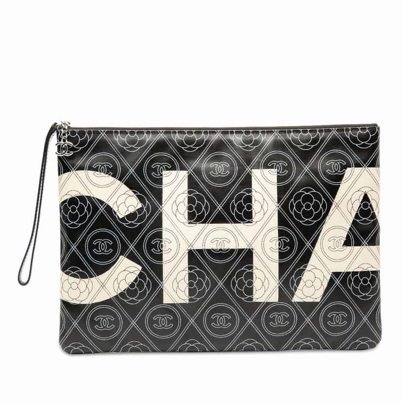 Chanel Coated Canvas Camellia Logo Wristlet Clutch Black Canvas Good condition - Front View