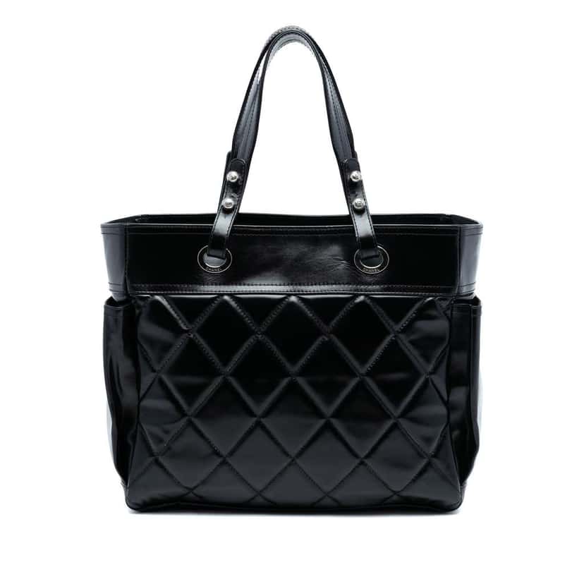 Chanel Large Quilted Shiny Calfskin Paris Biarritz Tote Black Leather Good condition - Front View