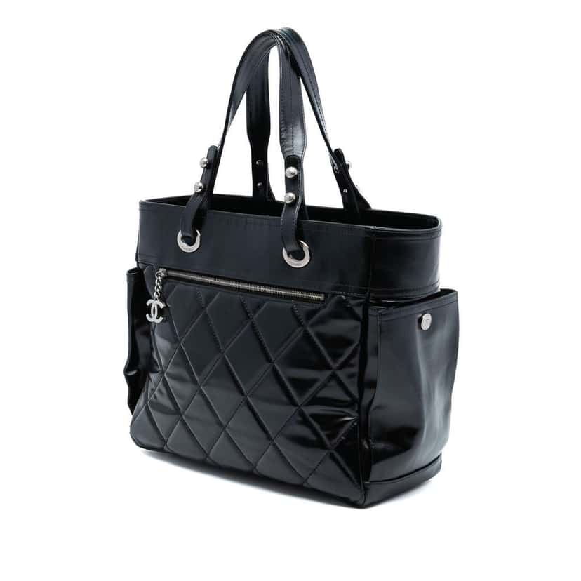 Chanel Large Quilted Shiny Calfskin Paris Biarritz Tote Black Leather Good condition - Back View
