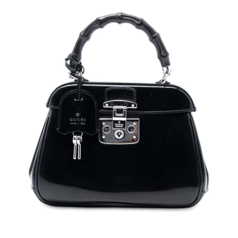 Gucci Mini Polished Leather Bamboo Lady Lock Top Handle Bag Black Leather Good condition - Front View
