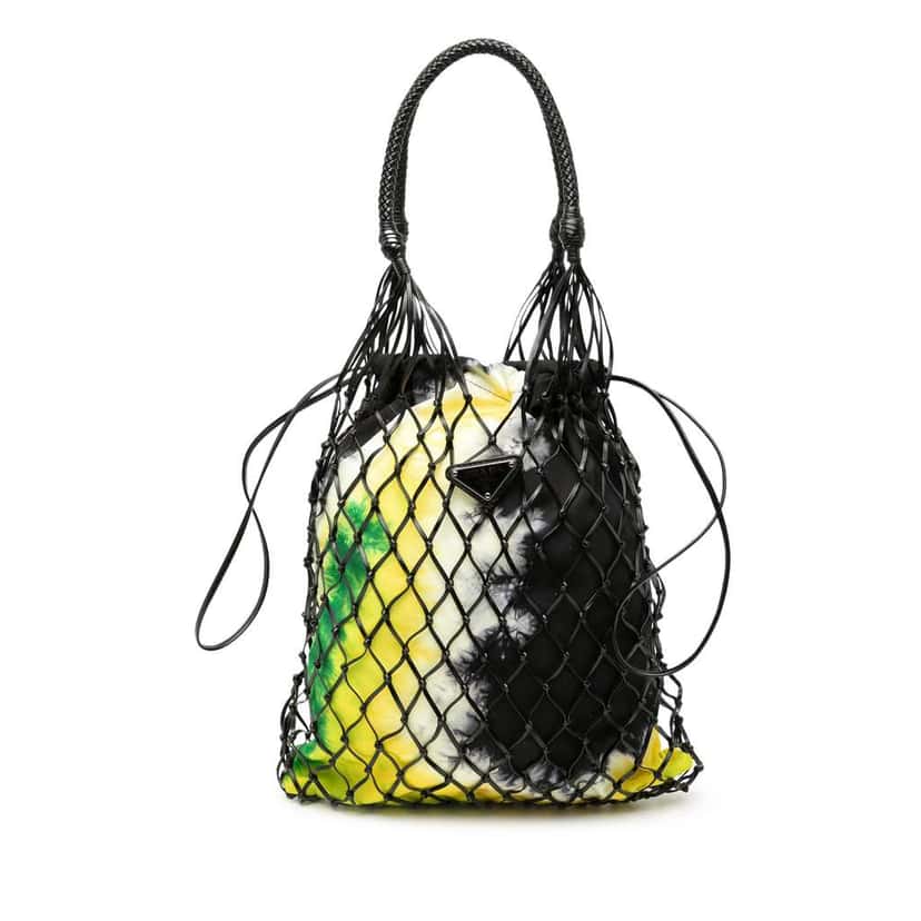 Prada Mesh Leather and Tie Dye Printed Tessuto Bucket Bag Black Leather Good condition - Front View