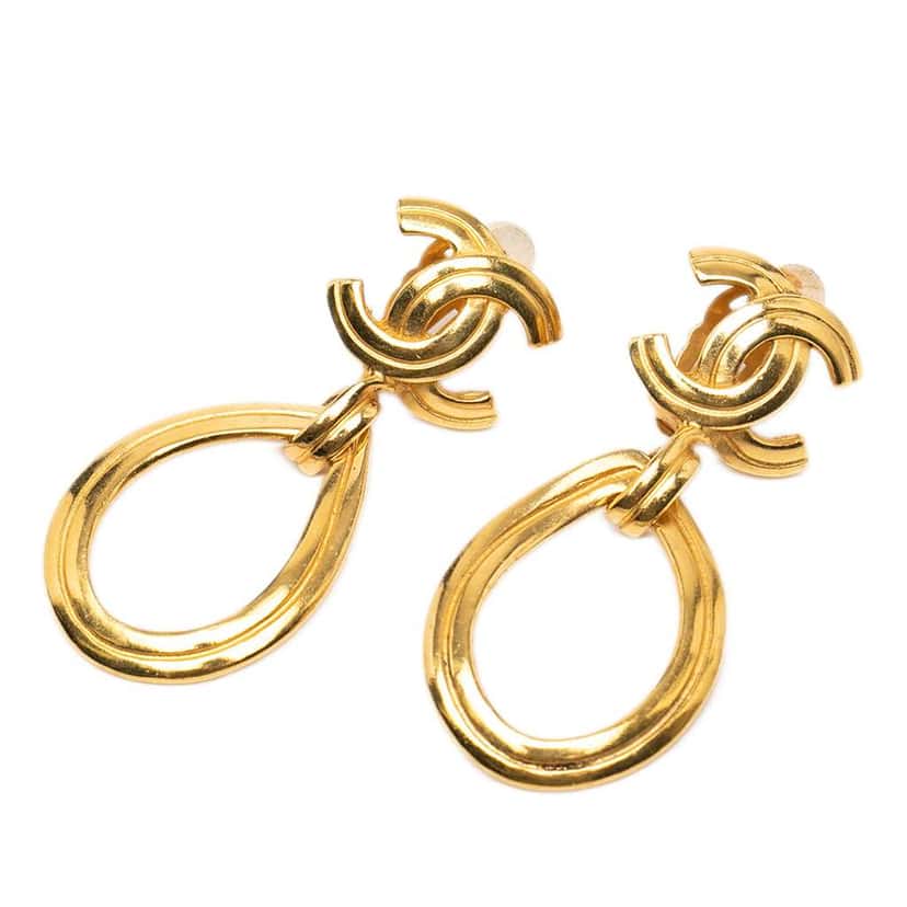 Chanel CC Gold Plated Teardrop Dangle Hoop Clip On Earrings Gold Metal Very good condition - Front View