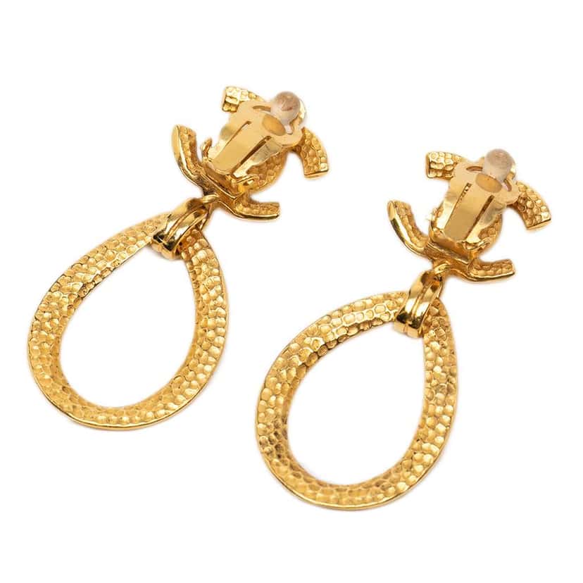 Chanel CC Gold Plated Teardrop Dangle Hoop Clip On Earrings Gold Metal Very good condition - Back View