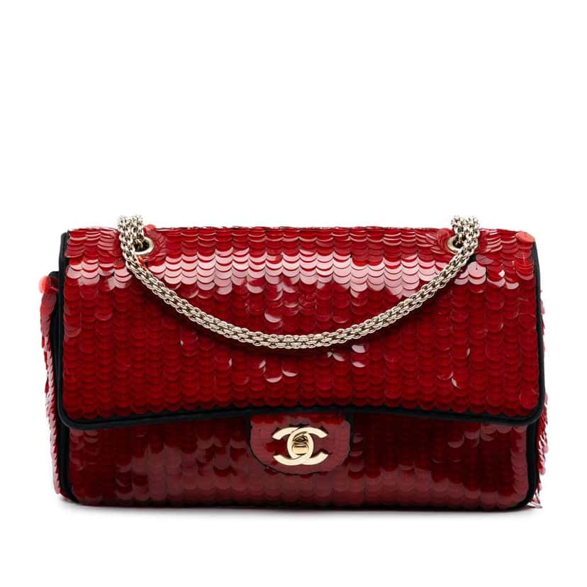 Chanel Paris-Shanghai Medium Satin and Sequins Double Flap Red Satin Good condition - Front View