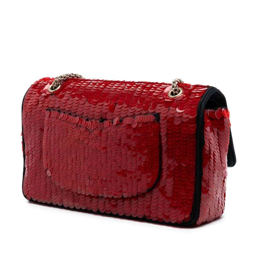 Chanel Paris-Shanghai Medium Satin and Sequins Double Flap Red Satin Good condition - Back View