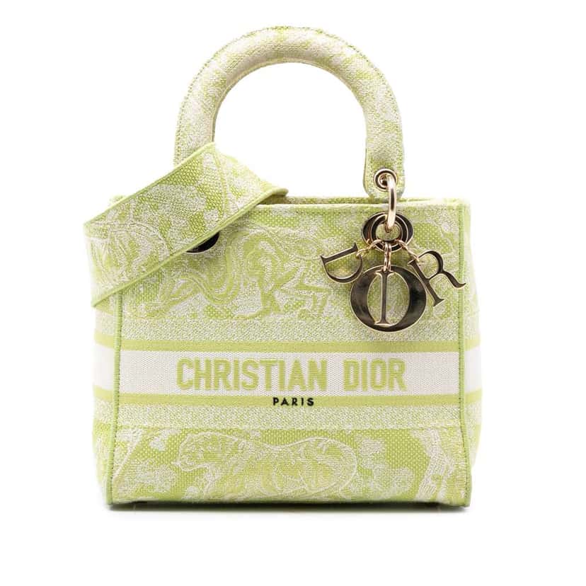 Dior Medium Embroidered Canvas Toile de Jouy Lady D Lite Green Canvas Very good condition - Front View