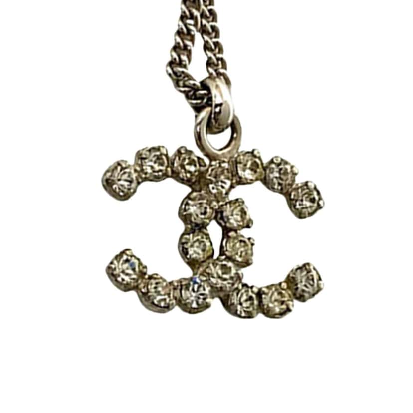 Chanel CC Silver Plated Rhinestone Pendant Necklace Silver Metal Good condition - Inside View