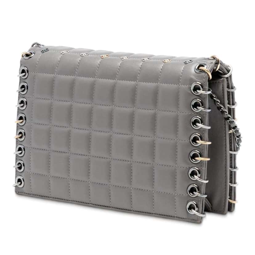 Chanel Small Lambskin Chocolate Bar CC Piercing Studded Chain Flap Grey Leather Very good condition - Back View