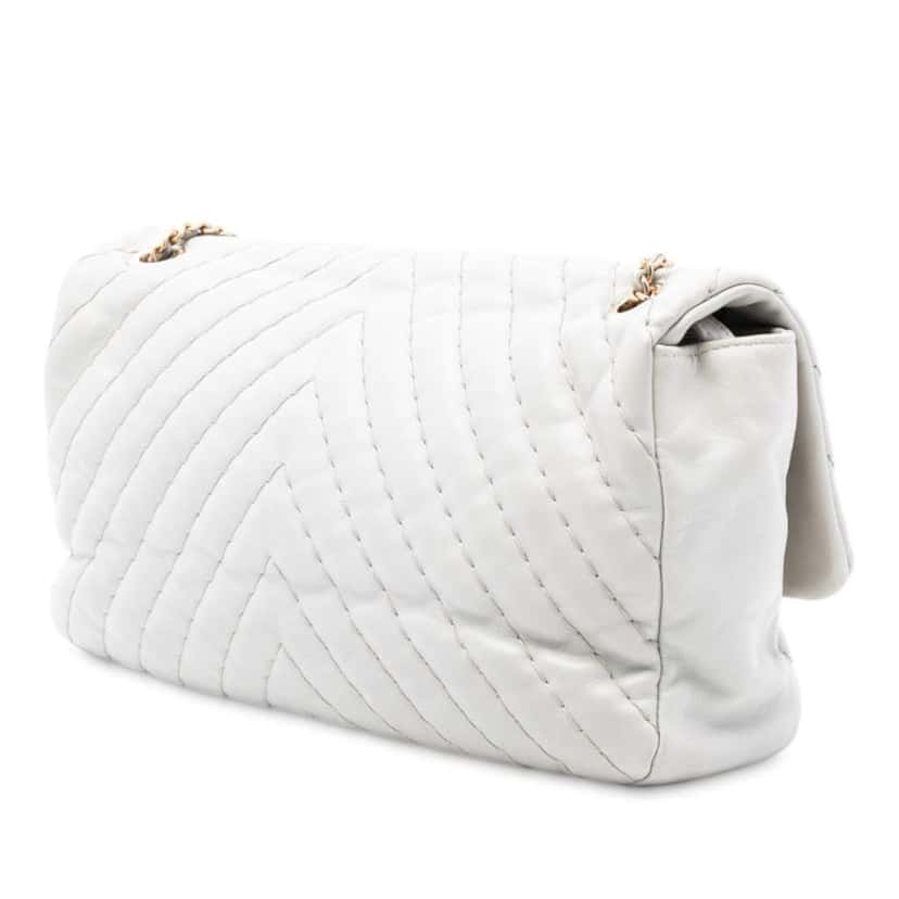 Chanel Jumbo Chevron Calfskin Surpique Flap White Leather Good condition - Back View