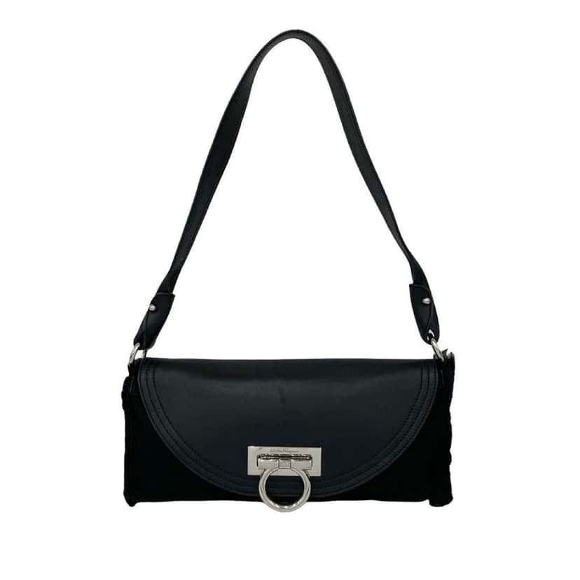 Salvatore Ferragamo Suede and Calfskin Gancini Shoulder Bag Black Leather Good condition - Front View