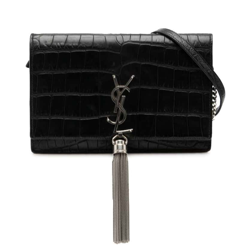 Saint Laurent Croc Embossed Leather Monogram Kate Tassel Wallet on Chain Black Leather Good condition - Front View
