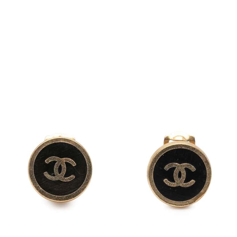 Chanel Gold Plated and Enamel CC Round Button Clip On Earrings Black Very good condition - Front View