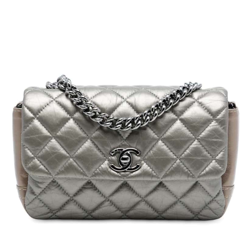 Chanel Mini Quilted Metallic Calfskin Lady Pearly Flap Brown Leather Good condition - Front View