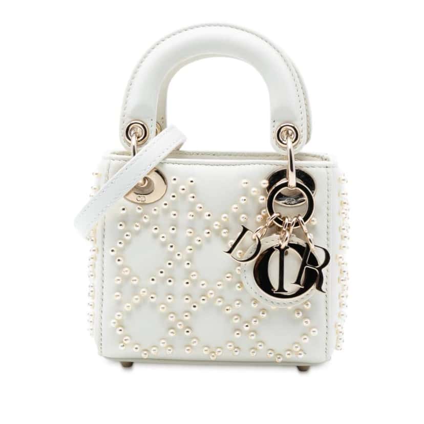 Dior Micro Lambskin Cannage Pearl Lady Dior White Leather Good condition - Front View