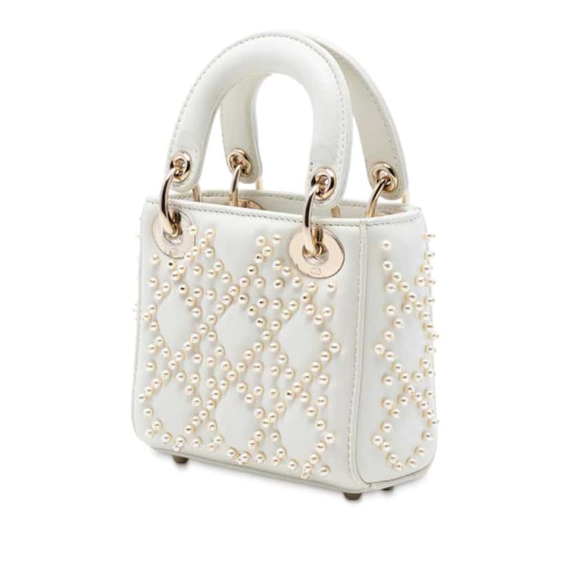 Dior Micro Lambskin Cannage Pearl Lady Dior White Leather Good condition - Back View