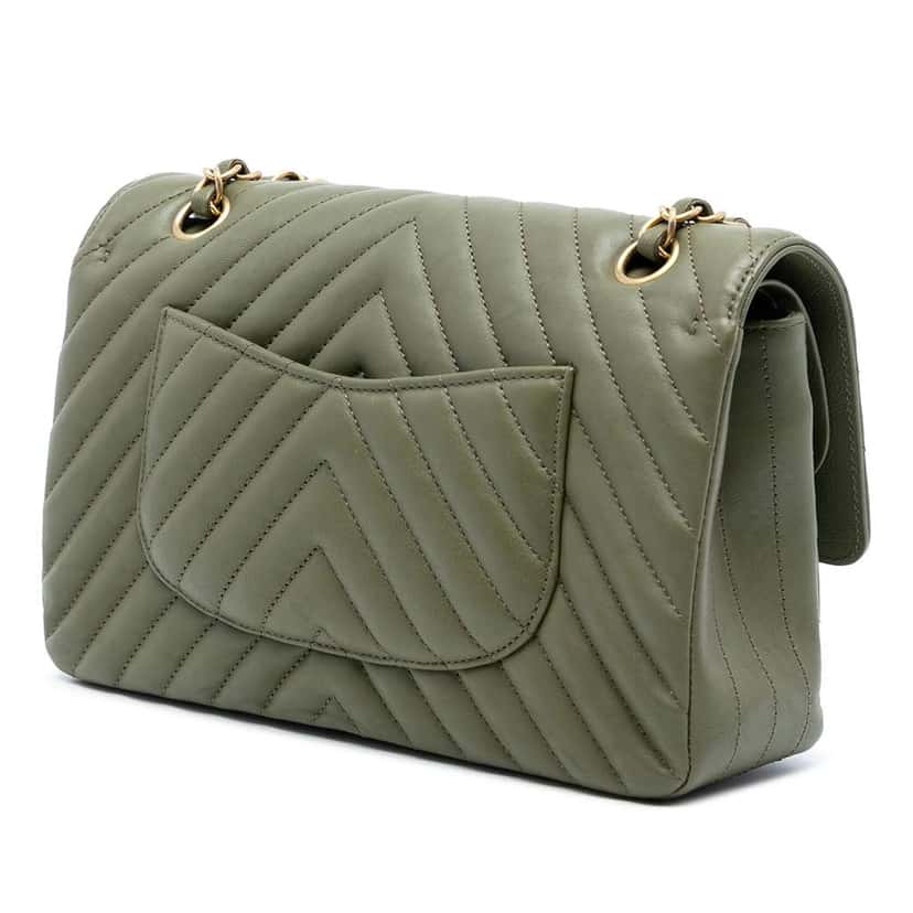Chanel Medium Classic Chevron Lambskin Double Flap Green Leather Good condition - Back View