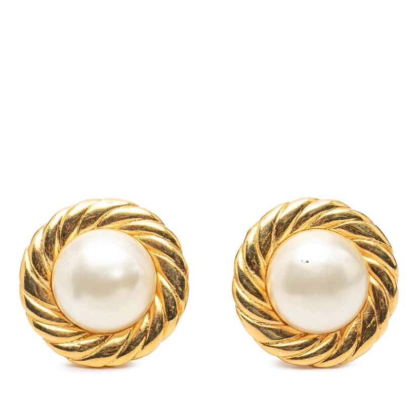 Chanel Gold Plated Faux Pearl Round Button Clip On Earrings Gold Metal Very good condition - Front View