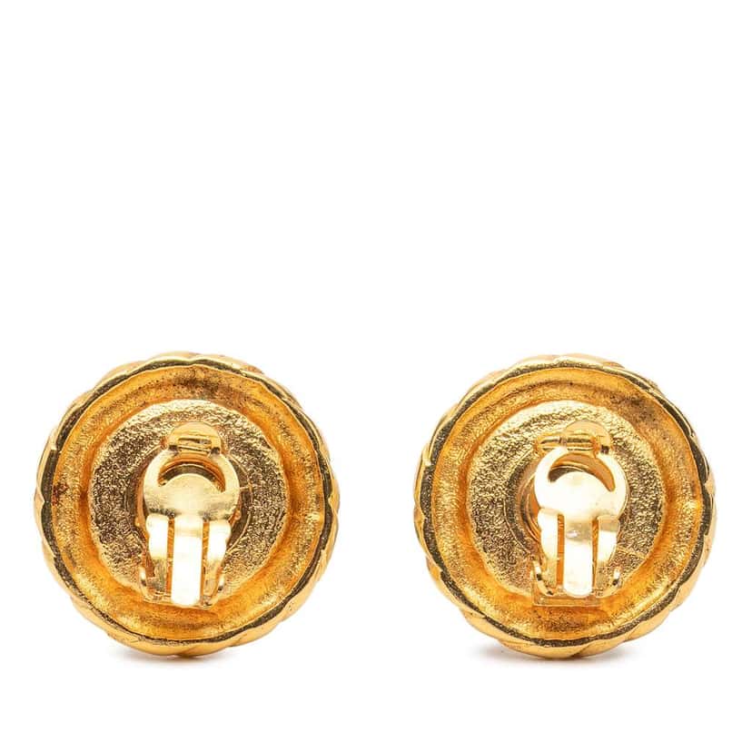 Chanel Gold Plated Faux Pearl Round Button Clip On Earrings Gold Metal Very good condition - Back View