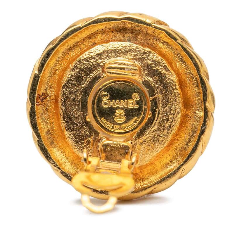 Chanel Gold Plated Faux Pearl Round Button Clip On Earrings Gold Metal Very good condition - Inside View