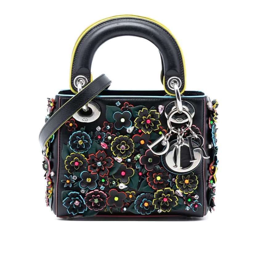 Dior Mini Lambskin 3D Floral Embroidered Lady Dior Black Leather Good condition - Front View