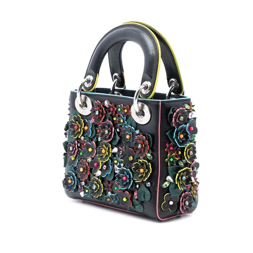 Dior Mini Lambskin 3D Floral Embroidered Lady Dior Black Leather Good condition - Back View