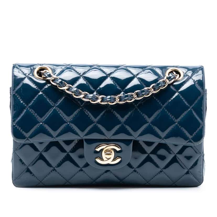 Chanel Small Classic Patent Double Flap Blue Leather Good condition - Front View