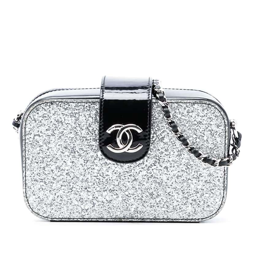 Chanel Glitter Patent Evening On The Moon Camera Case Silver Leather Good condition - Front View