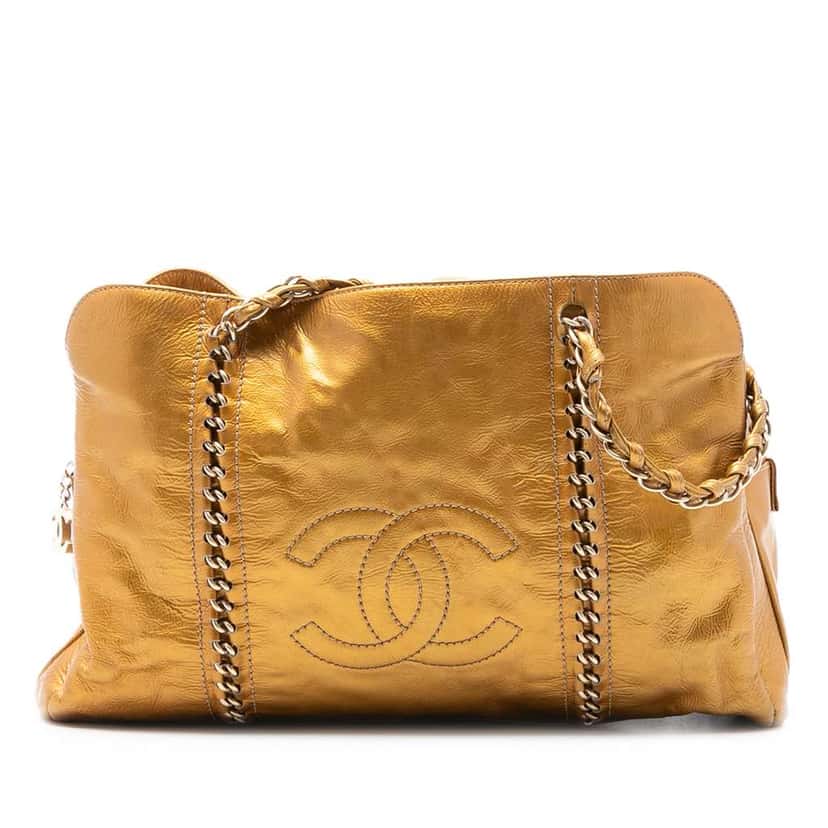 Chanel Metallic Patent Luxe Ligne Tote Bag Gold Leather Good condition - Front View