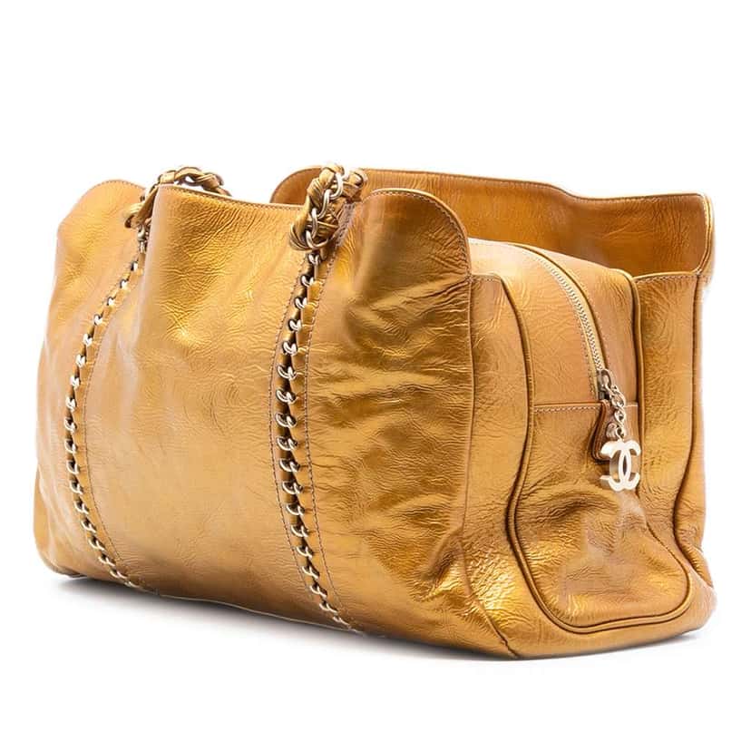 Chanel Metallic Patent Luxe Ligne Tote Bag Gold Leather Good condition - Back View