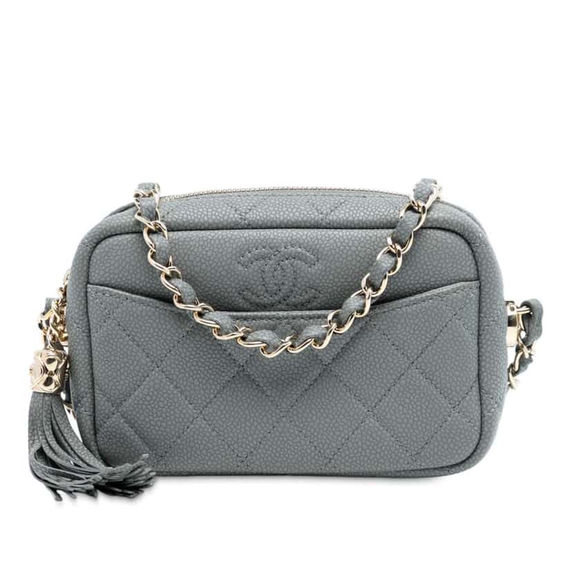 Chanel Mini Quilted Caviar Coco Tassel Camera Case Grey Leather Good condition - Front View