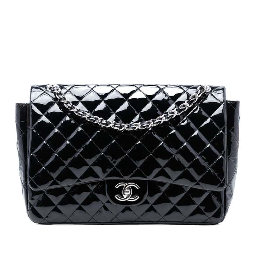 Chanel Maxi Classic Patent Double Flap Black Leather Very good condition - Front View