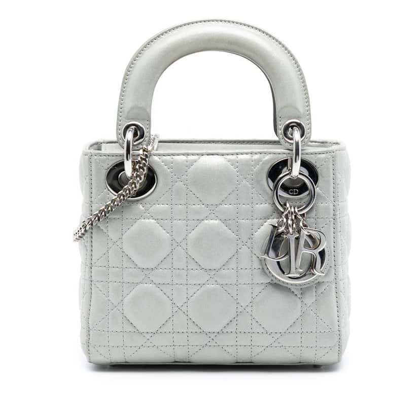 Dior Mini Iridescent Lambskin Cannage Lady Dior Silver Leather Good condition - Front View