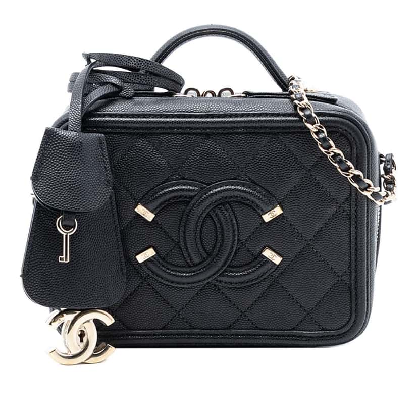 Chanel Mini Caviar CC Filigree Vanity Case Black Leather Good condition - Front View