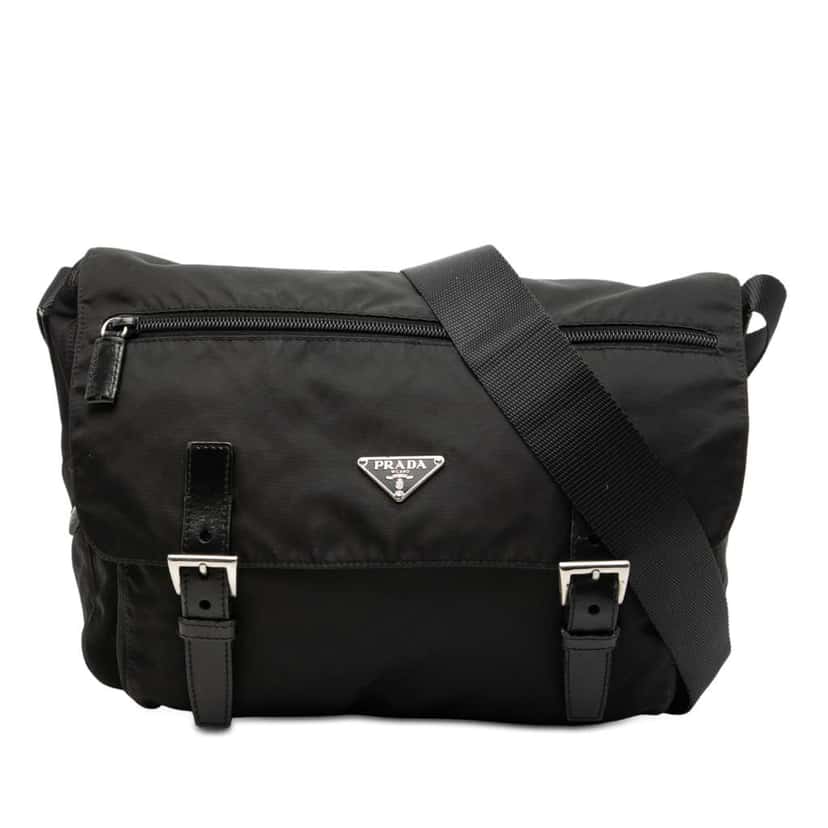 Prada Tessuto Zip Double Buckle Messenger Bag Black Good condition - Front View