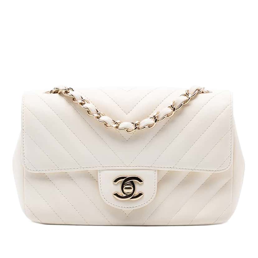 Chanel Mini Rectangular Classic Chevron Lambskin Single Flap White Leather Good condition - Front View